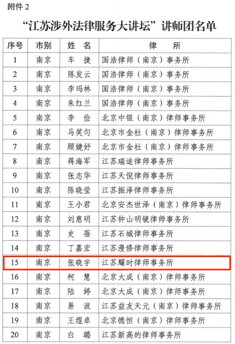 耀时律师入选江苏省涉外律师人才库及涉外法律服务讲师团｜耀时新闻(图2)